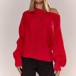 Casual Red Women's Sexy Boat Neck Batwing Popper Front Cardigan